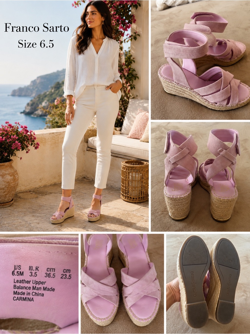 Franco Sarto Carmina Pink Suede Espadrille Wedge Sandals Size 6.5